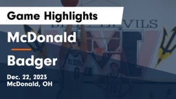 McDonald  vs Badger  Game Highlights - Dec. 22, 2023