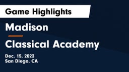 Madison  vs Classical Academy  Game Highlights - Dec. 15, 2023