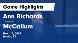 Ann Richards  vs McCallum  Game Highlights - Nov. 10, 2020