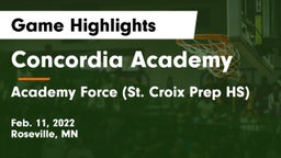 Concordia Academy vs Academy Force (St. Croix Prep HS) Game Highlights - Feb. 11, 2022