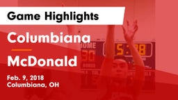 Columbiana  vs McDonald  Game Highlights - Feb. 9, 2018