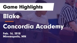 Blake  vs Concordia Academy Game Highlights - Feb. 16, 2018