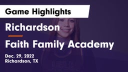 Richardson  vs Faith Family Academy Game Highlights - Dec. 29, 2022