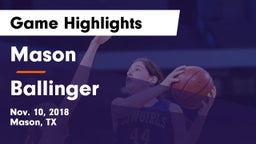 Mason  vs Ballinger  Game Highlights - Nov. 10, 2018