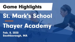 St. Mark's School vs Thayer Academy  Game Highlights - Feb. 8, 2020