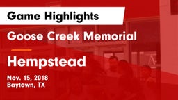 Goose Creek Memorial  vs Hempstead  Game Highlights - Nov. 15, 2018