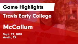 Travis Early College  vs McCallum  Game Highlights - Sept. 29, 2020