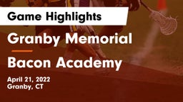 Granby Memorial  vs Bacon Academy  Game Highlights - April 21, 2022