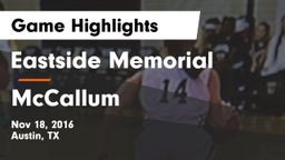 Eastside Memorial  vs McCallum  Game Highlights - Nov 18, 2016