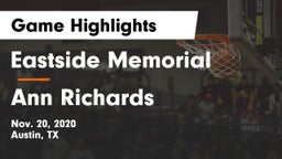 Eastside Memorial  vs Ann Richards  Game Highlights - Nov. 20, 2020