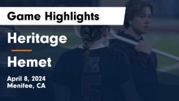 Heritage  vs Hemet Game Highlights - April 8, 2024