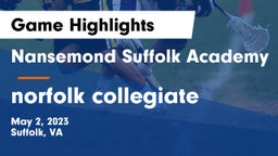 Nansemond Suffolk Academy vs norfolk collegiate  Game Highlights - May 2, 2023