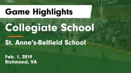 Collegiate School vs St. Anne's-Belfield School Game Highlights - Feb. 1, 2019