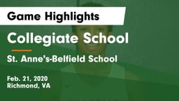 Collegiate School vs St. Anne's-Belfield School Game Highlights - Feb. 21, 2020