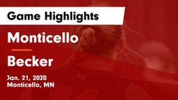 Monticello  vs Becker  Game Highlights - Jan. 21, 2020