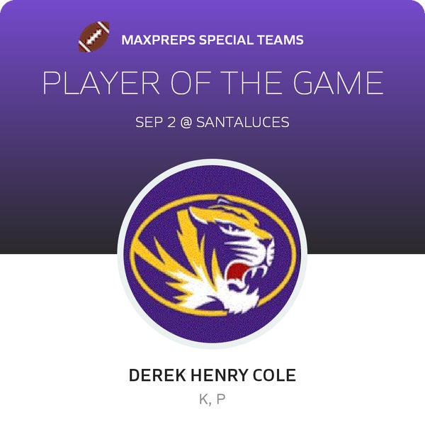 #9 Derek Henry cole Player of the Game badge