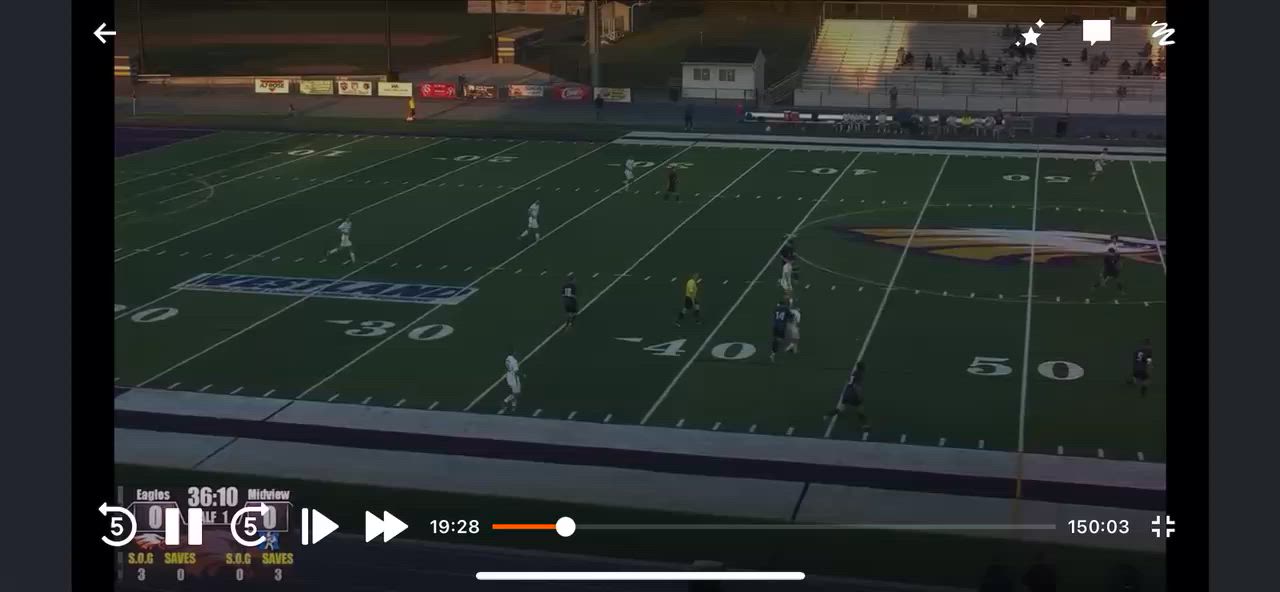 1st of two goals scored against Avon. Second goal Hudl was too slow to capture unfortunately but it was a header from a ball from my keeper. First half our team played good second half I think everyone was just tired from school and practice.