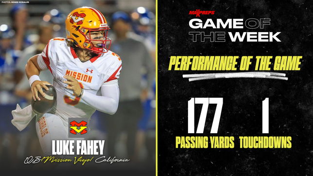 Ohio State commit Luke Fahey was 15 of 20 passing for 177 yards and a touchdown for Mission Viejo in the matchup of nationally-ranked teams.