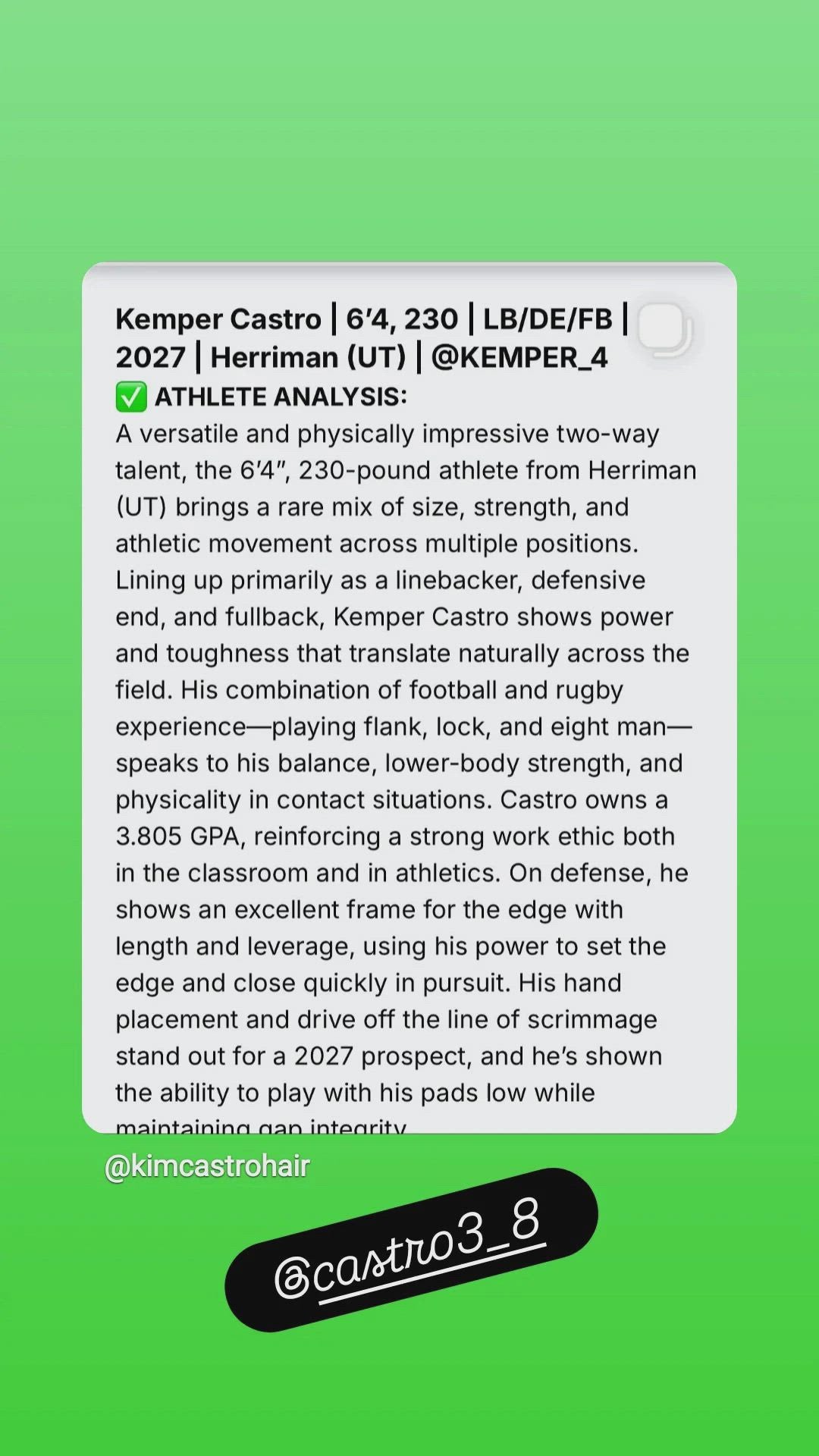 Kemper Cstro 6 star recruiting assesment