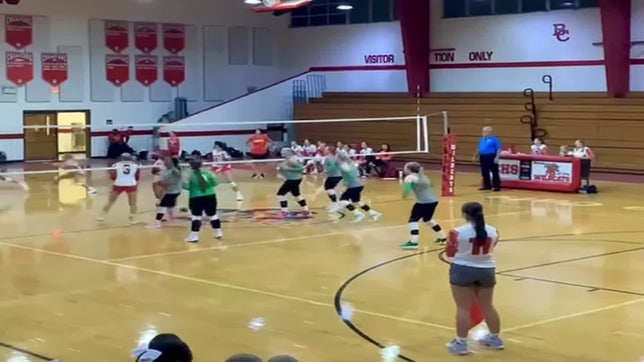#12 Jordyn gets a great up for #9 Avery to set #1 Kaleah for the kill while #15 Maci runs a fake.
