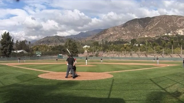 Right Fielder Rainen Tolentino with an assist to Catcher Davin Arth to get the out at home plate. Foothill Tech HS Varsity with a win 20-0 vs. Carpinteria HS.