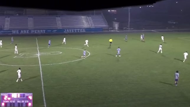 Perry was down 2-4 with under a minute left, Perry was able to score. Then, miraculously, the Bluejays scored again to tie the game with 13 seconds. Then defended a free kick and came back! Ended with 2 goals in less than a minute to tie.