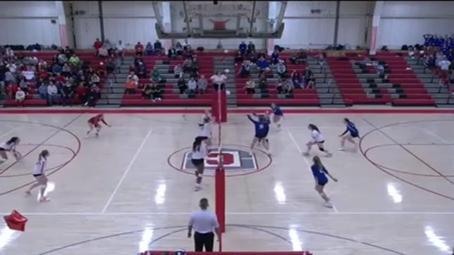 #3 setter in blue, class of 2026. Stats: 33 assists, 2 kills, 3 aces