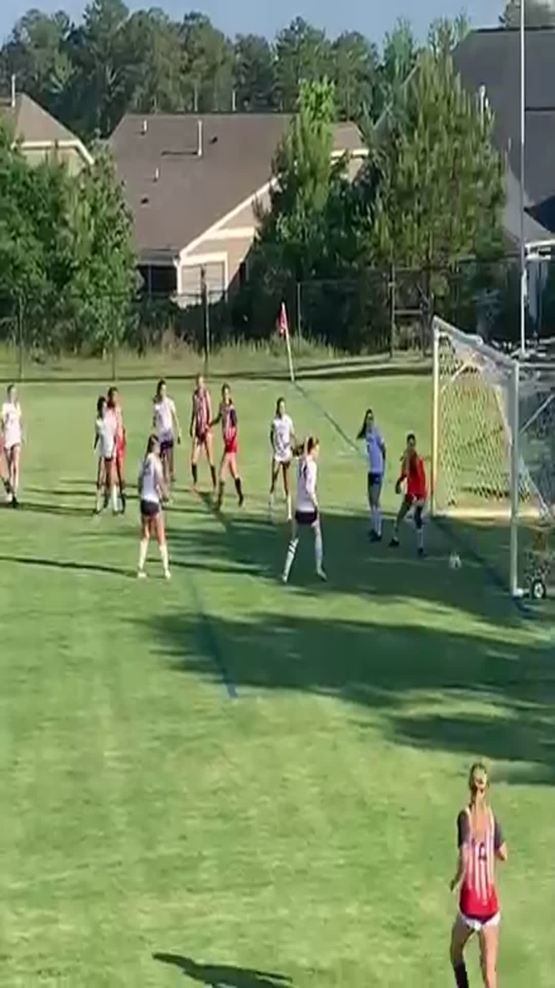 Bella DeLisio heads in  Audrey Keith's corner kick during FA's 9-0 senior day win over Raleigh Charter. The Pats also got goals by senior Lydia Rogers (3), senior Olivia Olarte (2), senior keeper Griff Coward, Cierra Cole & Kayla Rice (4 assists).