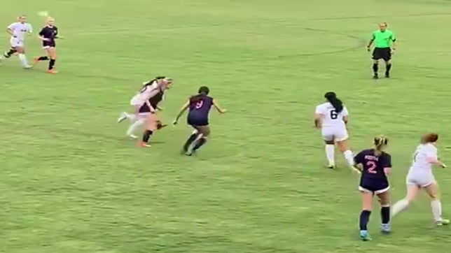 After Audrey Keith collects a loose ball, Libby Burrows centers to Kayla Rice for one of her 3 first-half goals in a 9-0 defeat of Clinton Wednesday as the Pats end the regular season unbeaten. Monday, the seniors sealed a 36-6 record in league play