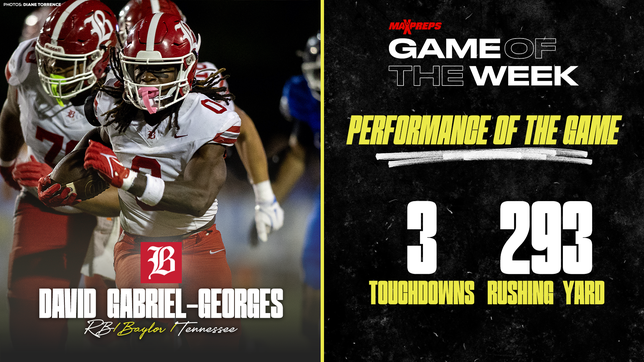Baylor’s David Gabriel Georges put on a dominant performance in the rivalry matchup against McCallie, rushing for 293 yards and three touchdowns to lead the Red Raiders to victory. His explosive night set the tone and proved why he’s one of the most dynamic backs in Tennessee high school football.