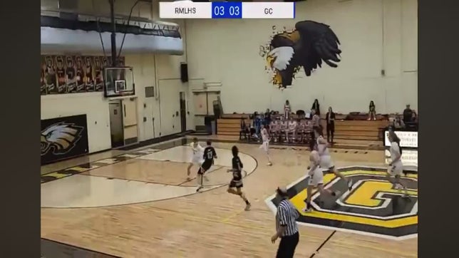 Number 14 Abraham Rivas hits a end of first quarter 3 pointer to put Rocky Mountain Lutheran High school in the lead. Assist from Findley Edmunds.