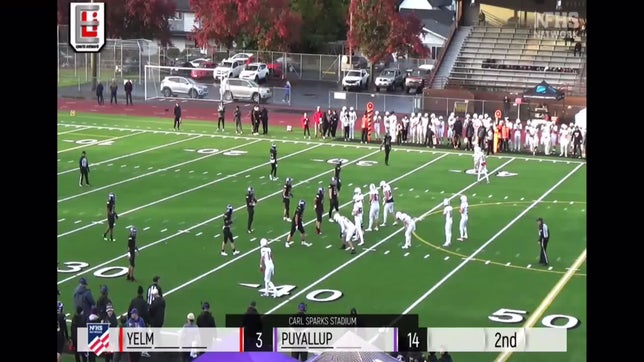 2nd quarter YELM #10 Parker Myers to #11 Jay Sumich for a 15 Yard pass for a 1st down  
YELM 3 Puyallup 14