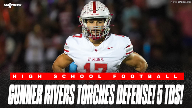 St. Michael Catholic quarterback Gunner Rivers continued his breakout season Friday night, throwing for 282 yards and five touchdowns in a dominant win over Pensacola High School. The sophomore signal-caller showcased his poise and precision, spreading the ball across multiple receivers and leading the Cardinals’ offense to another statement victory.