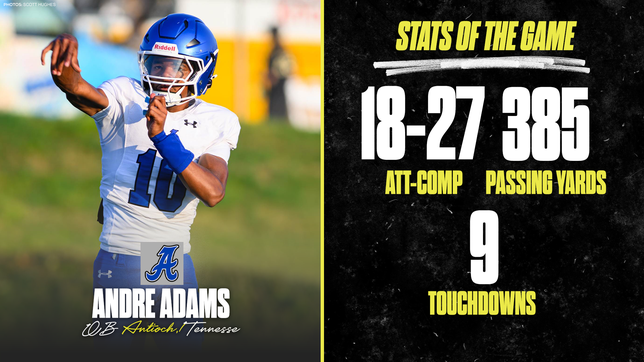 Antioch’s star quarterback Andre Adams delivered a performance for the ages, throwing for 372 yards and six touchdowns while adding three more scores on the ground in a dominant win. His dual-threat ability powered Antioch to a statement win and solidified his reputation as one of Tennessee’s top playmakers.