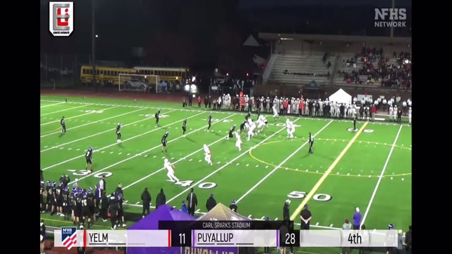 4th quarter YELM #10 Parker Myers to #3 Jacob Ford the 8 yard and a 1st down 
YELM 11 Puyallup 28