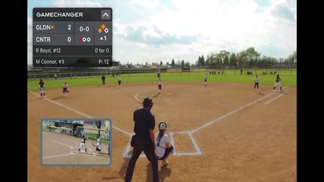 3/13/24 Golden West defeats CVC 16-0. Top of the 1st, bases loaded Erin takes an outside pitch opposite field past the right-fielder for a stand-up triple.
