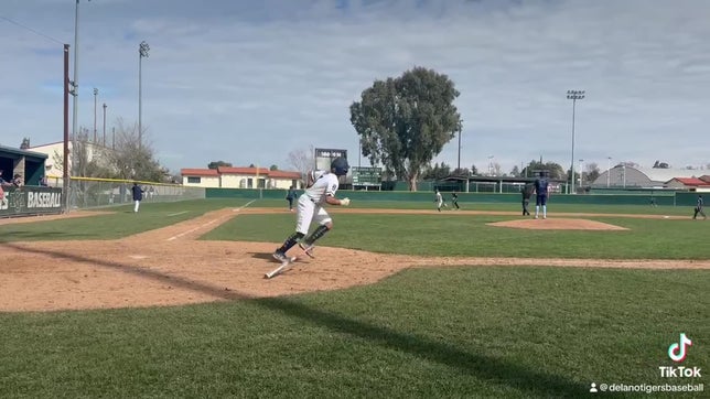 #99 Ayden Vasquez hits top of fence for a double and RBI at Garces high.