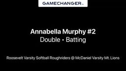 Freshman Annabella Murphy rips a double passed the McDaniel Shortstop, all the way to the outfield fence.