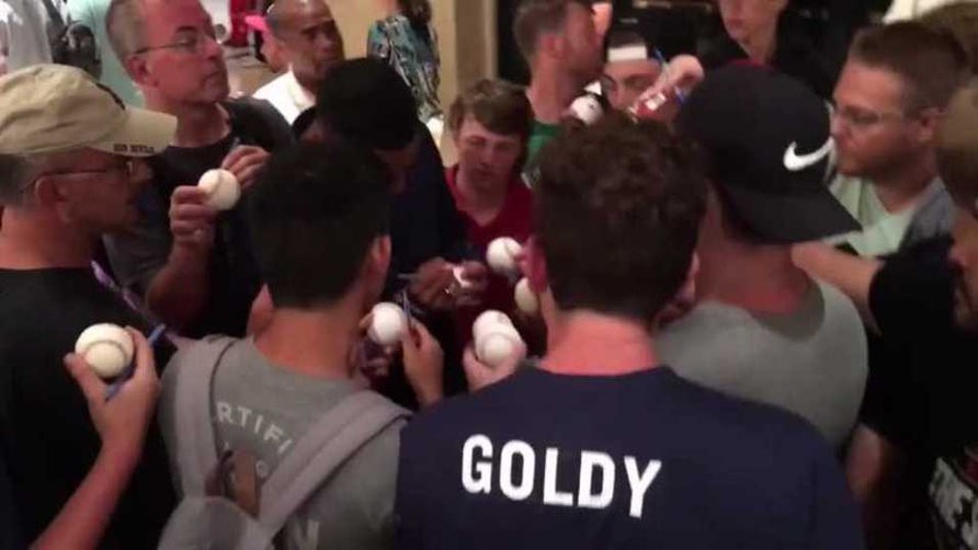 Predicted top 2017 draft pick Hunter Greene, a flame throwing senior at Notre Dame of Sherman Oaks (Ca) is mobbed for autographs at 2016 MLB All Star event.