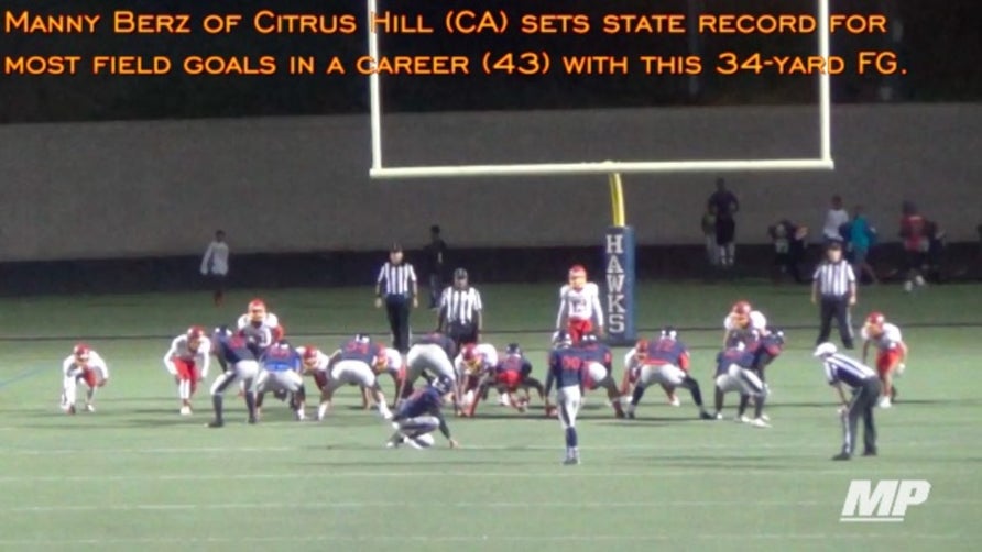 Manny Berz of Citrus Hill (CA) sets state record for most field goals in a career with 43.