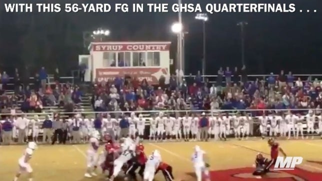 Cole Phillips of Cairo (GA) notched a 56-yard field goal in the state quarterfinals to tie a single season made field goal record. Courtesy: @TeamJacksonKick