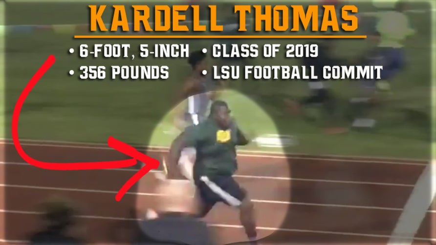 Kardell Thomas, a 6-foot-4, 356-pound LSU football commit, is running anchor leg on the Southern Lab (LA) track team. His teammate who runs the second leg of the relay, Cedric Banks, is a 345-pound three-star center.