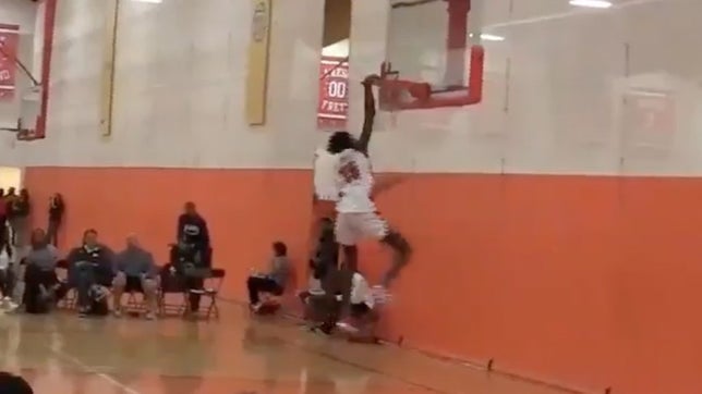 Laeticia Amihere of Team Ontario steals the ball in the girls EYBL and finishes off the play with an emphatic one-handed slam. She is 6-foot-3, plays for King's Christian (Ontario, Canada), and is the third overall player in the 2019 class.