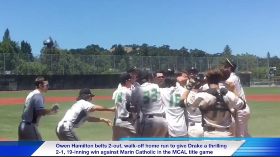 Drake (San Anselmo, CA) topped Marin Catholic (Kentfield, CA) 2-1 after 19 innings in the MCAL Championship after a walk-off home run by Owen Hamilton. Due to time constraints, the game was forced to be postponed to the next day after 18 innings. The game took 5 hours and 20 minutes, six umpires, nine pitchers, and a change in both location and climate.