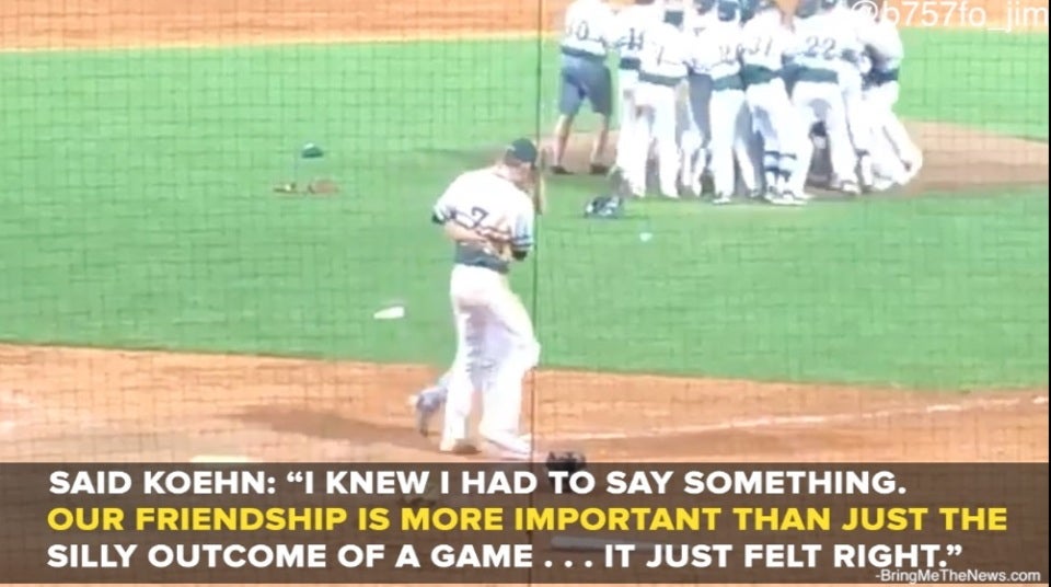 Pitcher hugs hitter after striking him out