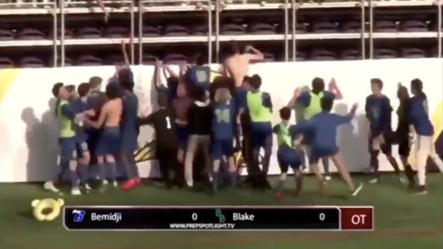 Keegan James of Blake (MN) drilling the game winning goal from 55 yards out to win the state championship in double overtime. Courtesy of (Via @MNPrepSpotlight)