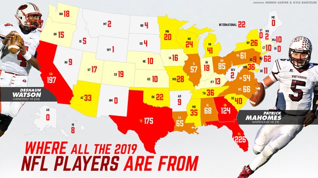 The majority of the NFL players of 2019 are from Florida, California, Texas and Georgia. Highlights of 5 Florida alumni's: Derrick Henry, Nick Bosa, Dalvin Cook, Lamar Jackson, and Amari Cooper.
