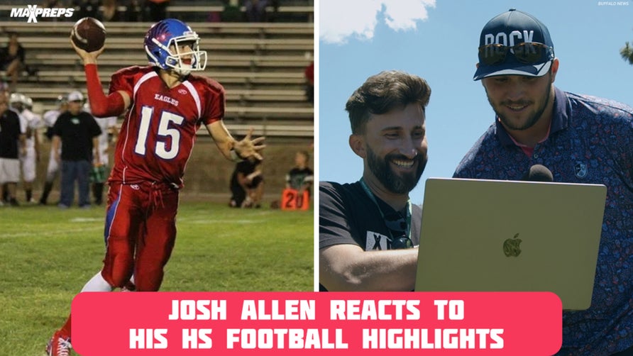 Josh Allen reacts to his high school football highlights at the American Century Championship in Lake Tahoe.