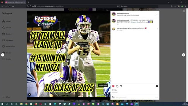 Quinton Mendoza Selected Hacienda League 1st Team All League QB - So. Class 2025