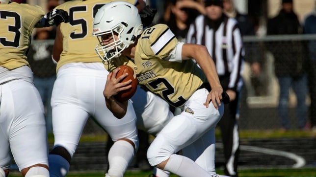 Highlights of Freedom's (Woodbridge, VA) junior quarterback Tristan Evans against Western Branch (Chesapeake, VA) in the Virginia Class 6 state semifinals. He completed 13 of 13 passes for 338 yards and five touchdowns to go with 113 yards rushing and another score in a 69-14 win.